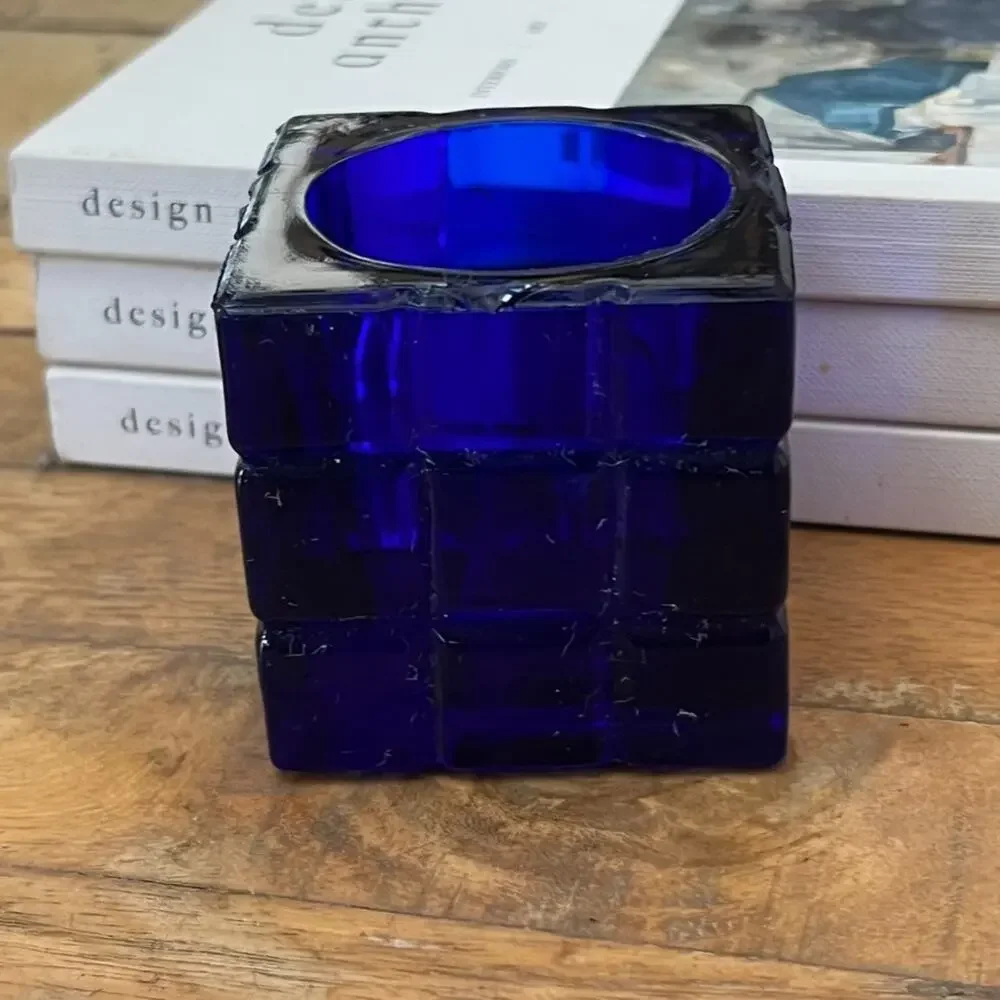 Square Cube Decorative Candle Holder Cobalt Blue MCM